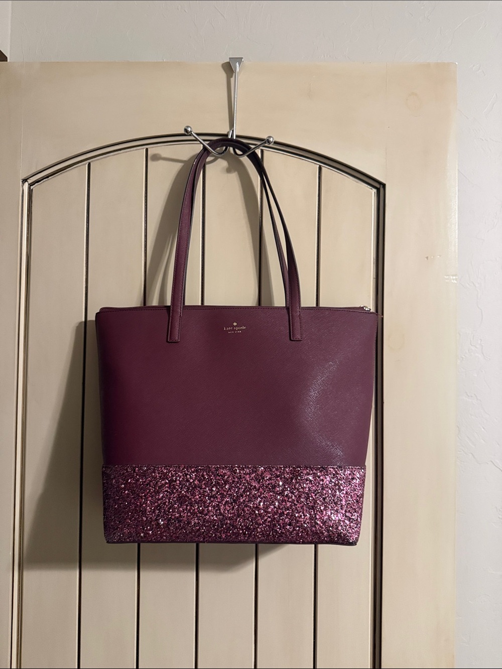 kate spade burgundy tote with glitter-accent